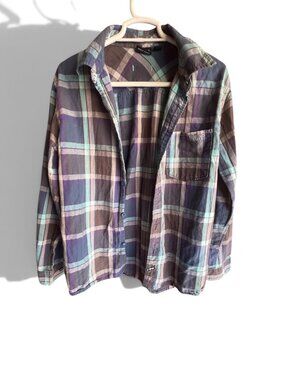 Vans Boys Plaid Button Down Shirt Purple Teal Long Sleeve Size XL